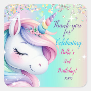Sticker Carré Sparkle Pastel Rainbow Unicorn Anniversaire Invita
