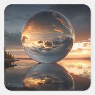 Sticker Carré Sphère Réfléchissante Surréaliste Avec Nuages de C