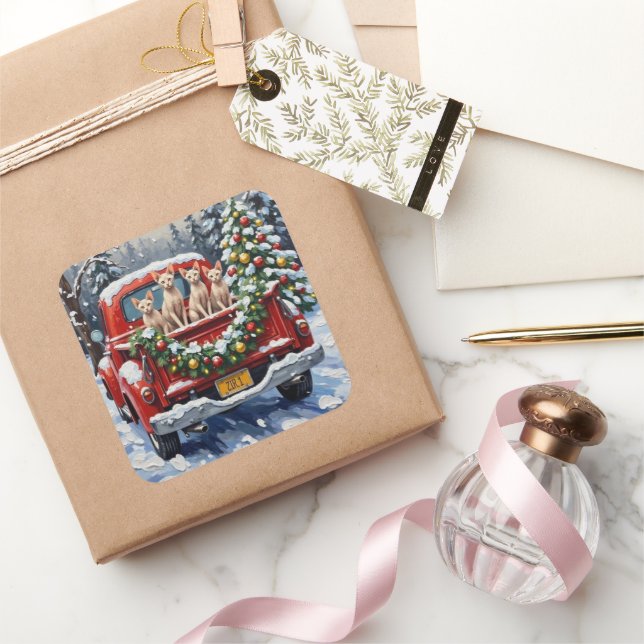 Sticker Carré Sphynx Cat Christmas Red Truck Holiday (Cadeaux)