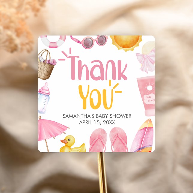 Sticker Carré Splish Splash Summer Baby Shower (Pink Splish Splash Baby Shower Sticker)