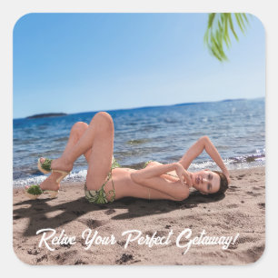 Sticker Carré Spring Break Girl Lying on Sandy Beach