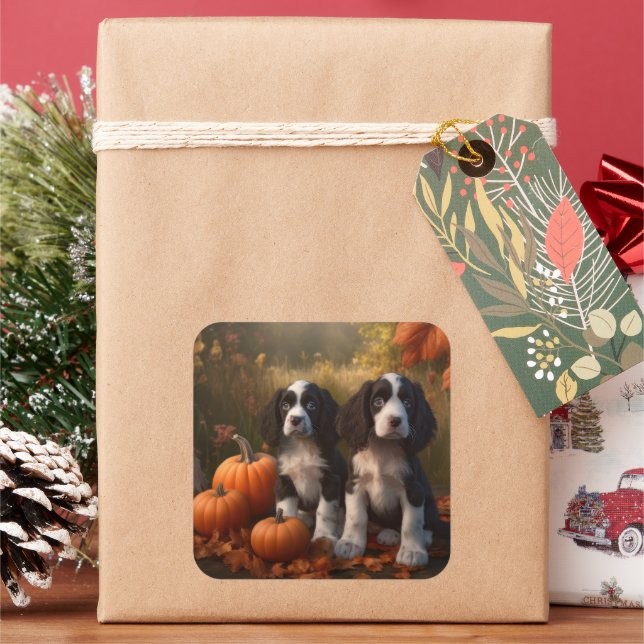 Sticker Carré Springer Spaniel Chiot Automne Citrouille de plais (vacances)