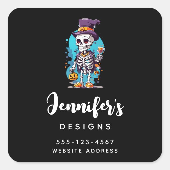 Sticker Carré Squelette cool dans un Top Hat Halloween affaires (Devant)