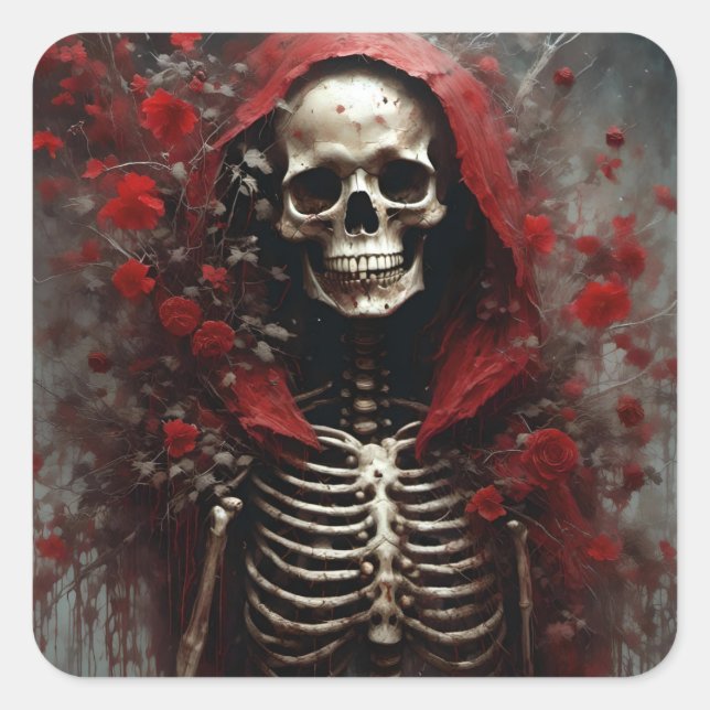 Sticker Carré Squelette dans un cap rouge avec fleurs (Devant)