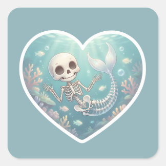 Sticker Carré Squelette de Sirène dans une Scène Sous-Marine