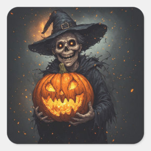 Sticker Carré Squelette de sorcière avec citrouille lumineuse Ha