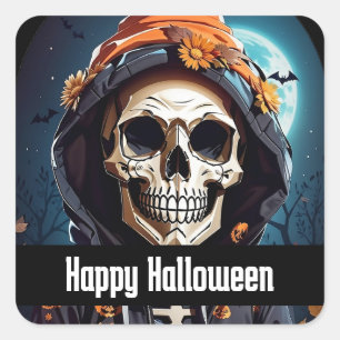 Sticker Carré Squelette éffrayant avec Halloween Citrouille mal
