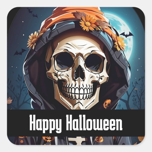Sticker Carré Squelette éffrayant avec Halloween Citrouille mal (Devant)