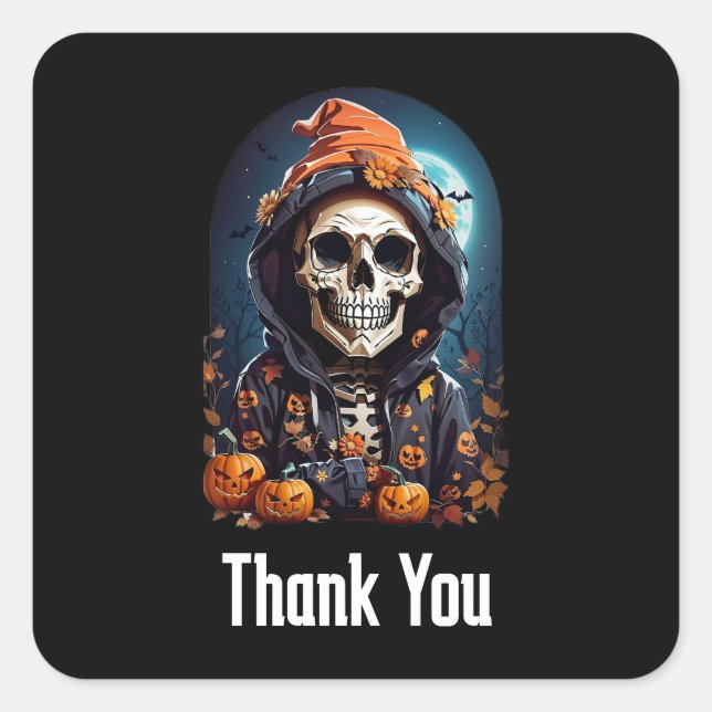 Sticker Carré Squelette éffrayant avec Merci Citrouille mal (Devant)