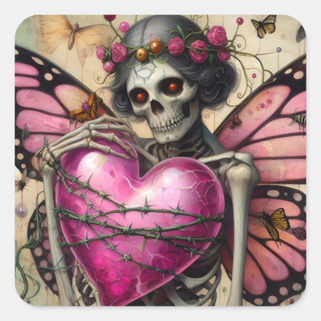 Sticker Carré Squelette Imaginaire Avec Coeur En Fil Barbé (Devant)