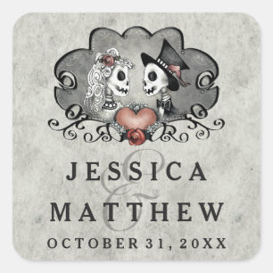 Sticker Carré Squelettes d'Halloween Noms noirs gris Mariage Dat