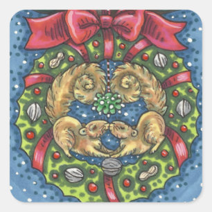 STICKER CARRÉ SQUIRRELS DE BATTERIE SOUS MISTLETOE, VARIE NUT