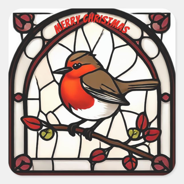 Sticker Carré  Stained Glass Robin Redbreast "Merry Christmas" (Devant)