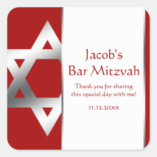 Sticker Carré Star Argent Rouge de David Bar Mitzvah Favoriser