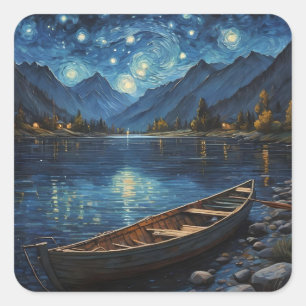 Sticker Carré "Starlit Drift : Pêcher sous le Cosmos