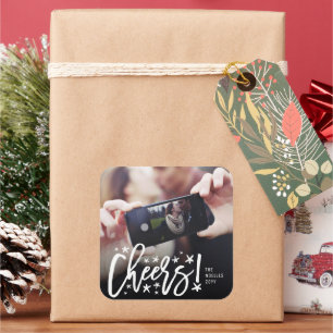 Sticker Carré Starry Cheers Brush Script Moderne Photo du Nouvel