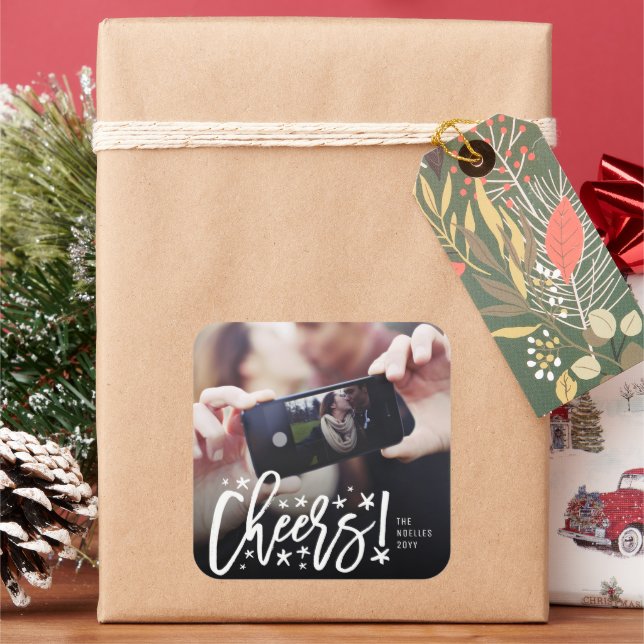 Sticker Carré Starry Cheers Brush Script Moderne Photo du Nouvel (vacances)