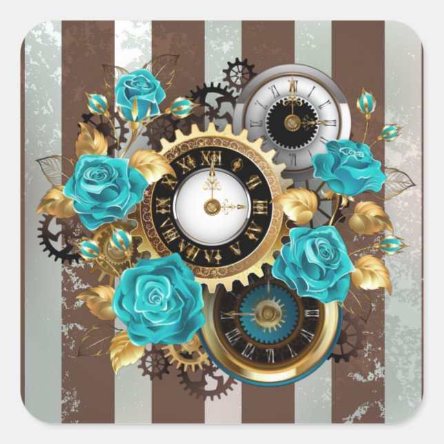 Sticker Carré Steampunk Clock and Turquoise Roses on Striped (Devant)