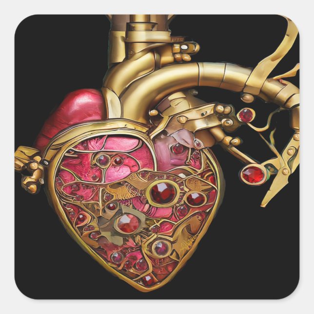 Sticker Carré Steampunk Coeur Anatomique rubis et engrenages (Devant)