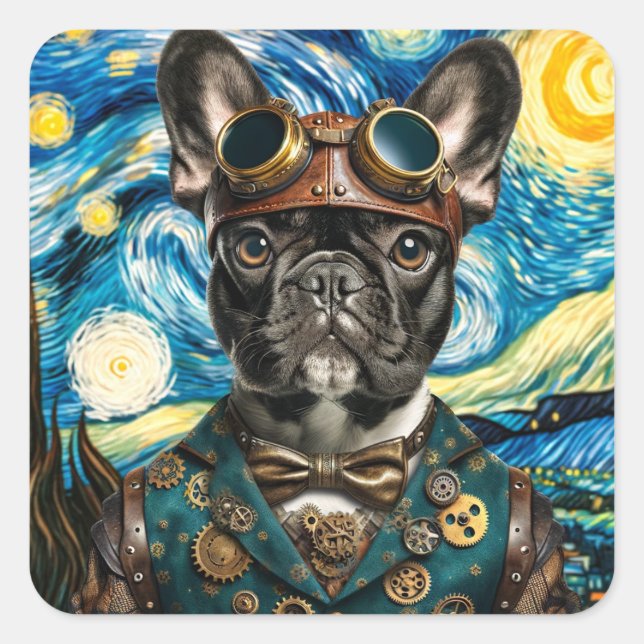 Sticker Carré Steampunk Frenchie dans la nuit étoilée (Devant)