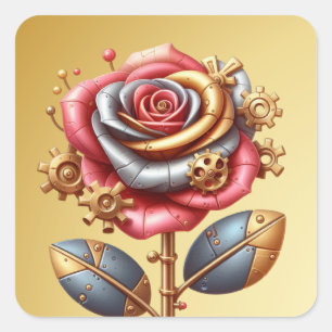 Sticker Carré Steampunk Rose rouge et or