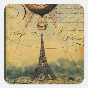 Sticker Carré Steampunk Tour Eiffel & Ballon Air Chaud