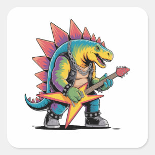 Sticker Carré Stégosaure de Rock Punk Dinosaure Jouant de la Gui