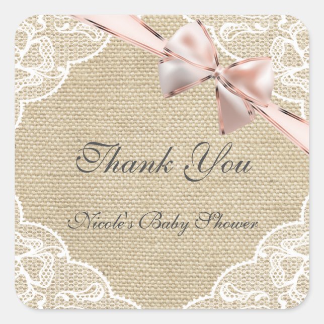 Sticker Carré Stick Baby shower Burlap Lace & Pink Bow (Devant)