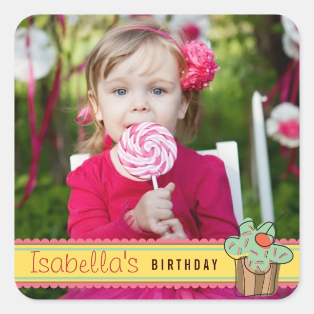 Sticker Carré Stick d'anniversaire de Mint Sweet Cherry Cupcake (Devant)