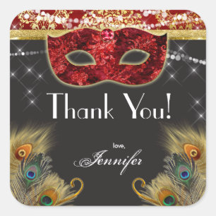 Sticker Carré Stick d'anniversaire Masquerade Ball Red Gold Peac