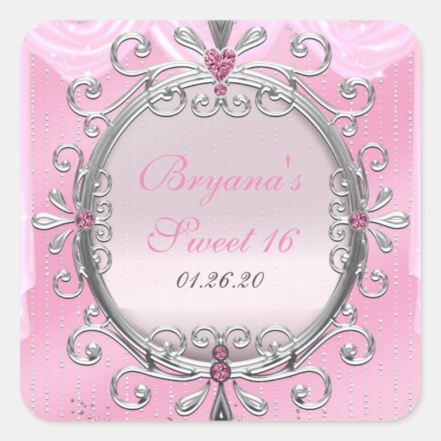 Sticker Carré Stick de fête d'anniversaire Silver & Pink Fancy F (Devant)