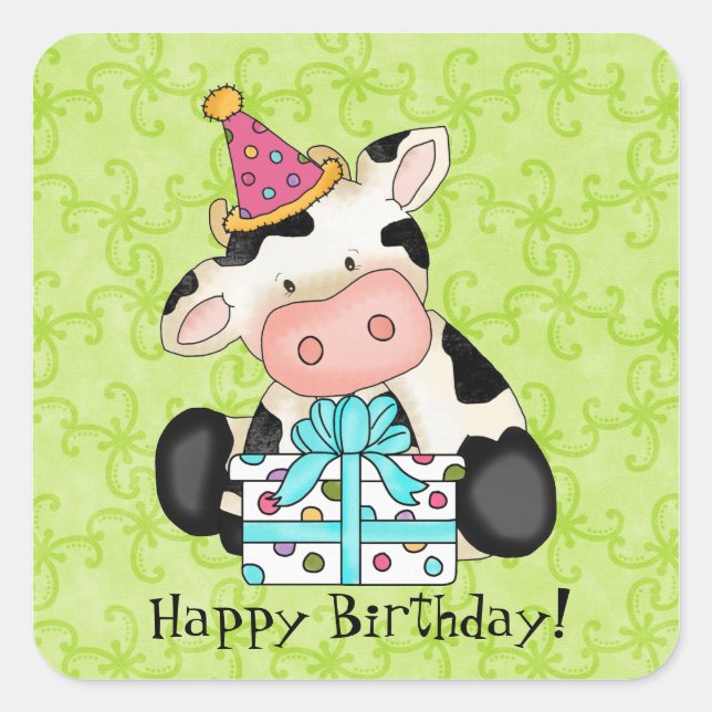Sticker Carré Stick de fête de la vache d'anniversaire (Devant)