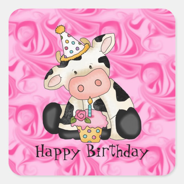 Sticker Carré Stick de fête de la vache d'anniversaire (Devant)