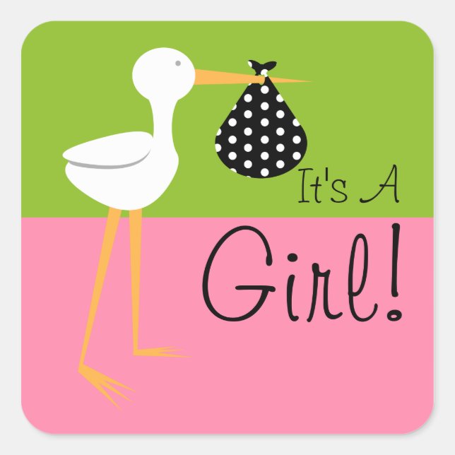 Sticker Carré Stork avec Polka Dot Bundle C'est une fille (Devant)