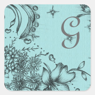 Sticker Carré style antique noir et bleu aqua mariage à fleurs