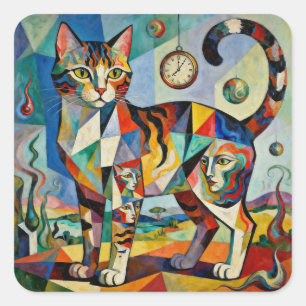 Sticker Carré Style Cubiste Surreal Art Chat