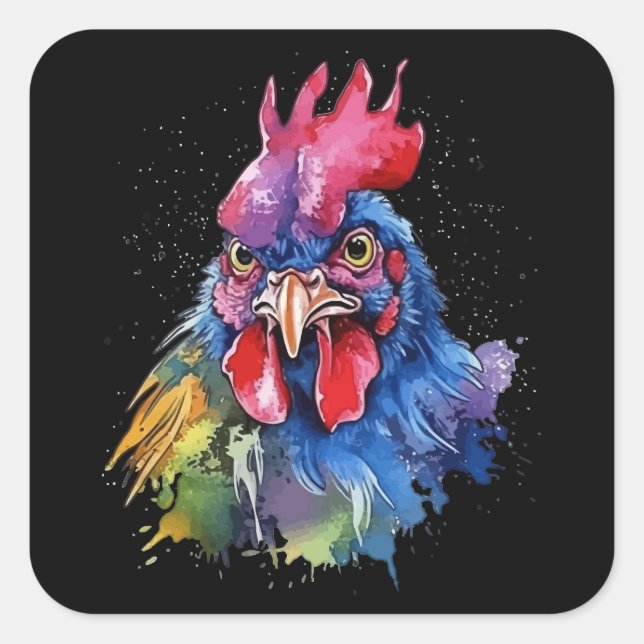 Sticker Carré Style d'aquarelle de poulet du coq du pays (Devant)