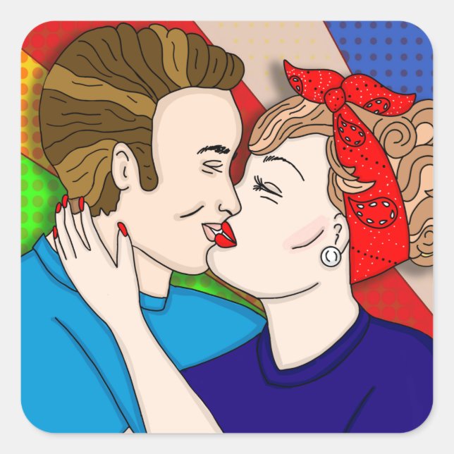 Sticker Carré Style Pop Art Couple Kissing 1950 (Devant)