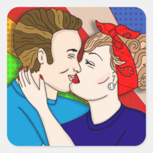 Sticker Carré Style Pop Art Couple Kissing 1950