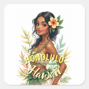 Sticker Carré Style vintage Hawaii Voyage Honolulu Hula Girl