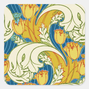 Sticker Carré Style William Morris Tulle Fleurie Sarcelle et Or 