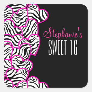 Sticker Carré Stylish Pink Sweet 16 Zebra Heart Design Nom