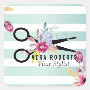 Sticker Carré Styliste de cheveux floraux ciseaux d'or et salon 