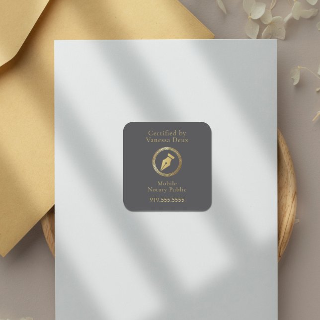 Sticker Carré Stylo Notaire Gris & Or Moderne Certifié par (Créateur téléchargé)