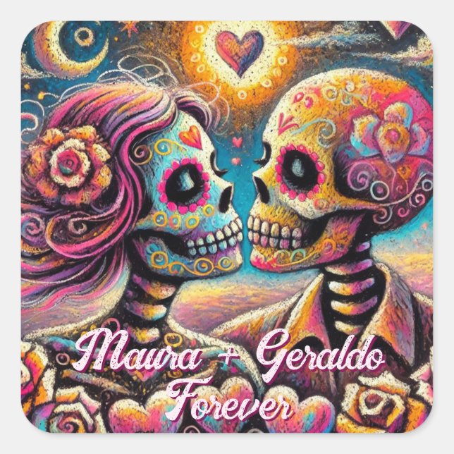Sticker Carré Sugar Skulls in Love Chalk Pastel Personalized (Devant)