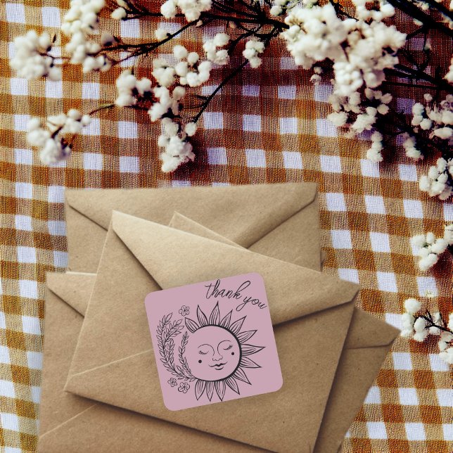 Sticker Carré Sun Floral Boho MERCI Élégant chic Dusty Rose (Sun Floral Boho THANK YOU Elegant Chic Dusty Rose Square Sticker
)