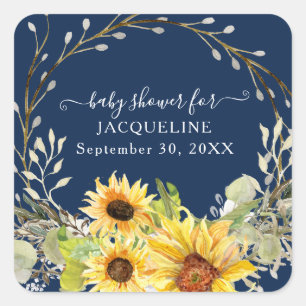 Sticker Carré Sunflower Floral Wreath Marine Baby shower Jaune