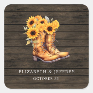 Sticker Carré Sunflowers Cowboy Boots Barre Bois Mariage de l'Ou