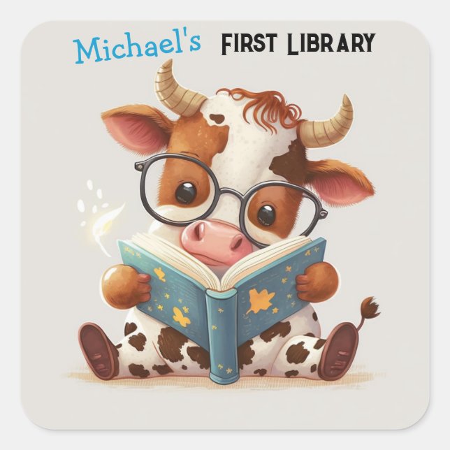 Sticker Carré Super mignonne vache bébé Lire un livre (Devant)