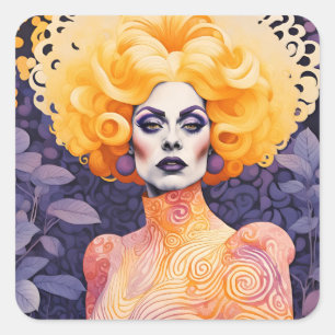 Sticker Carré Superbe Drag Queen Cheveux rouges